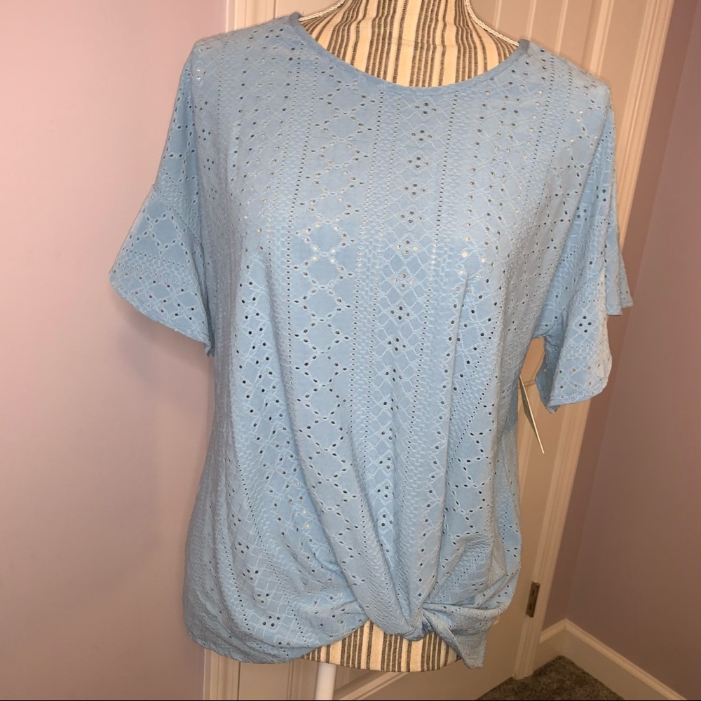 Le Rouge Blue Eyelet Ruffled Side Twist Knot Top
